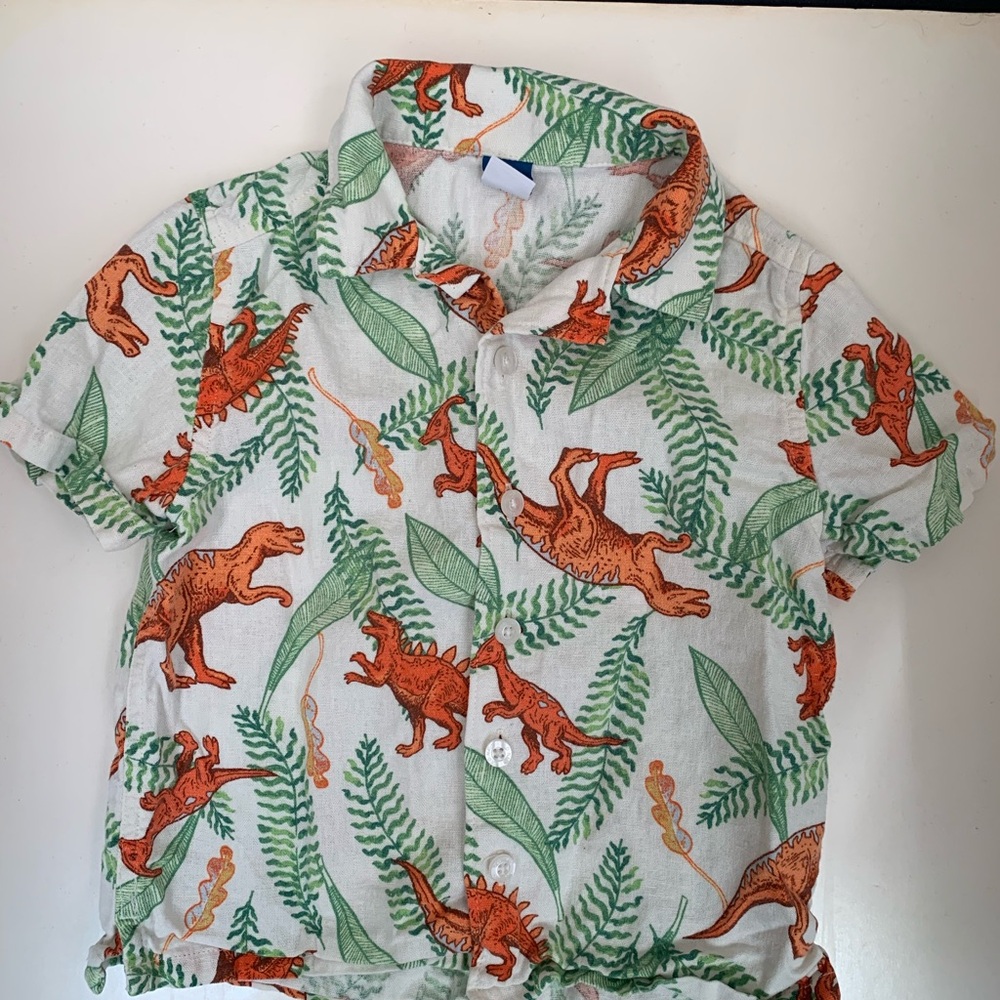 Old Navy Dino Print Green and Orange Button Down Shirt